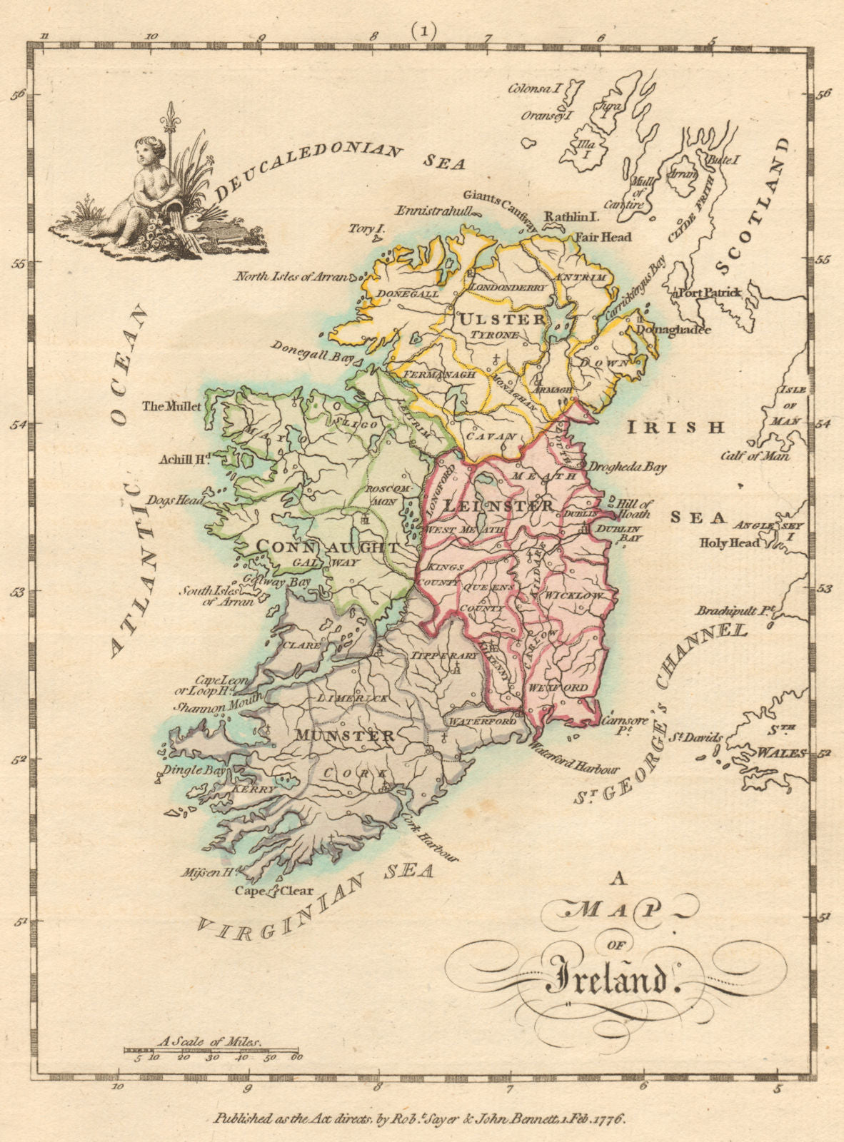 A map of Ireland. Antique copperplate map by Scalé / Sayer 1776 old